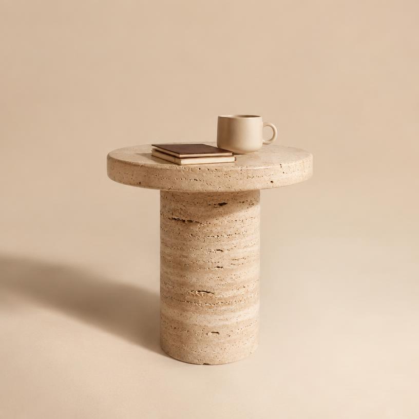 Travertine pedestal side table