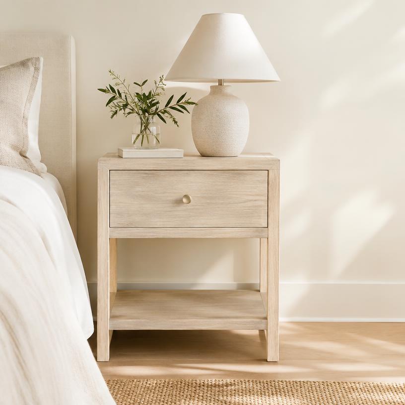 Whitewashed timber bedside table